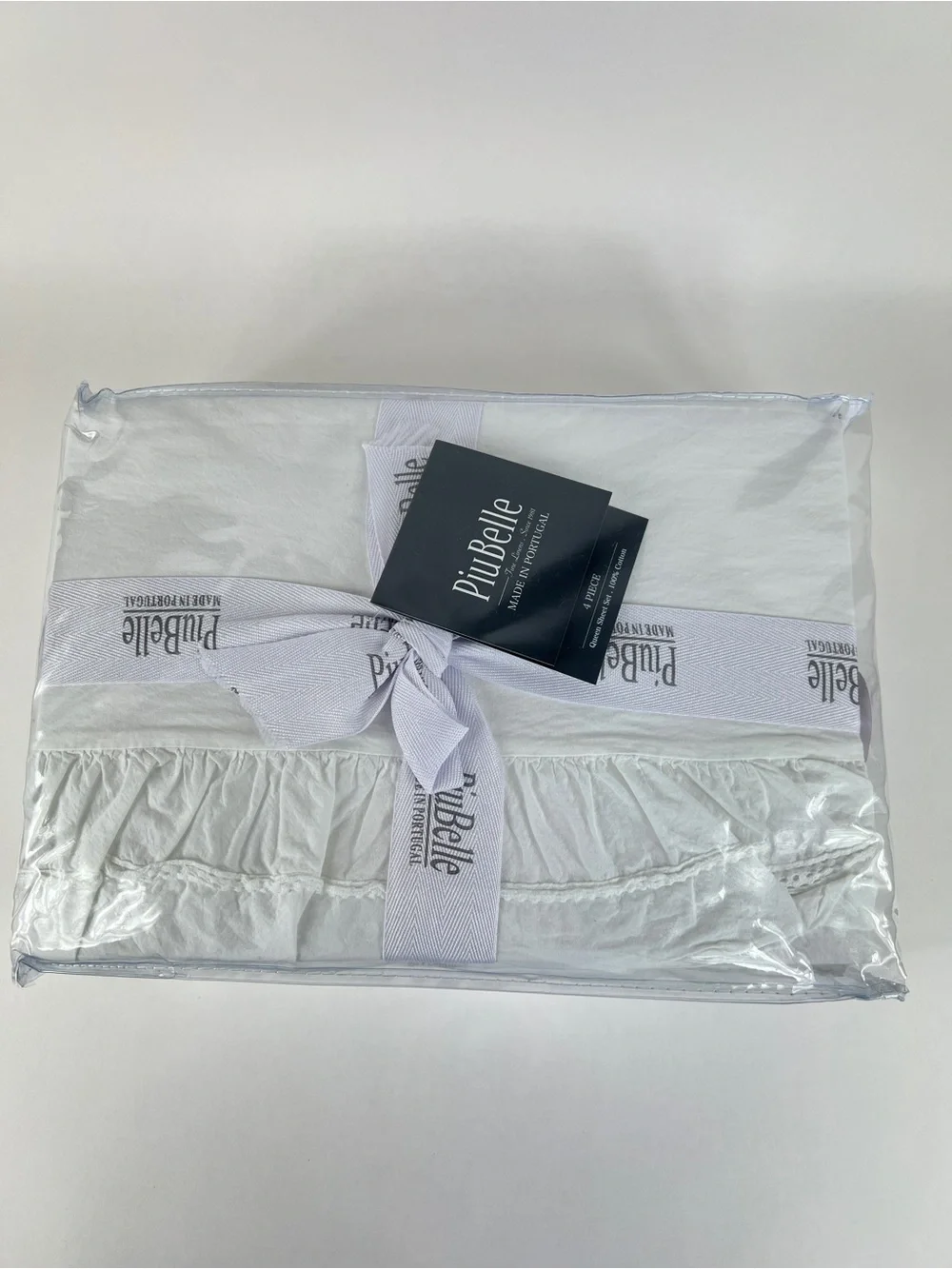 PIUBELLE Ruffled Hem Queen Sheet Set White Cotton Portugal Cottage 4 Pc NEW